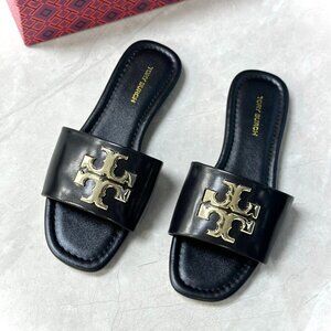 TORY BURCH Eleanor Slides Women's Square Toe Open Toe Flip Flops Black
